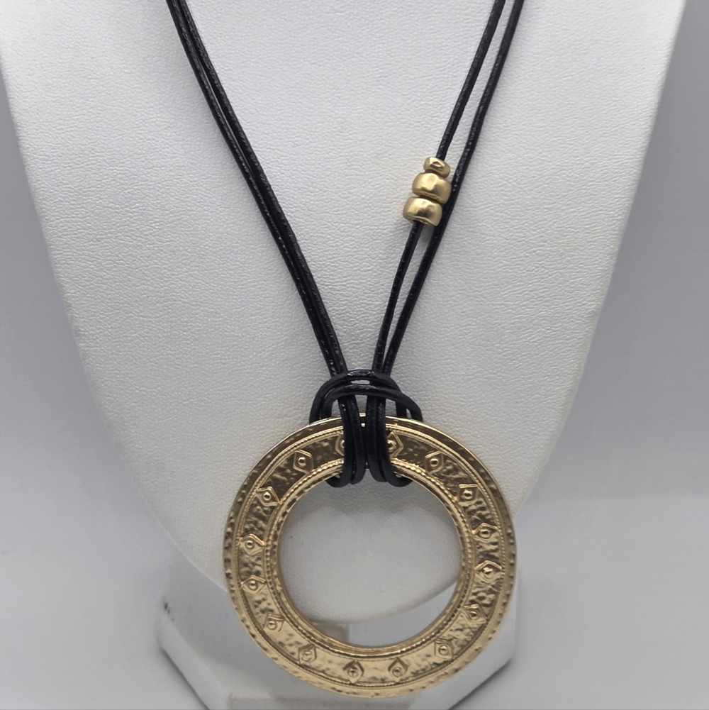 Chico’s Gold Tone Circle Pendant Necklace Black Cord - Picture 2 of 6